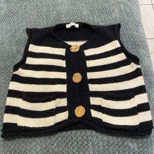 Black and White Striped Knit Vest with Gold Buttons